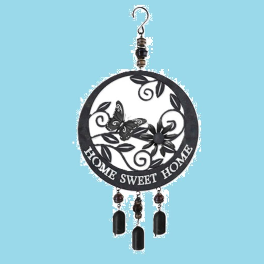 Butterfly Wind Chime Black Sheet Metal 8" wide with Three Camel Bells 79463